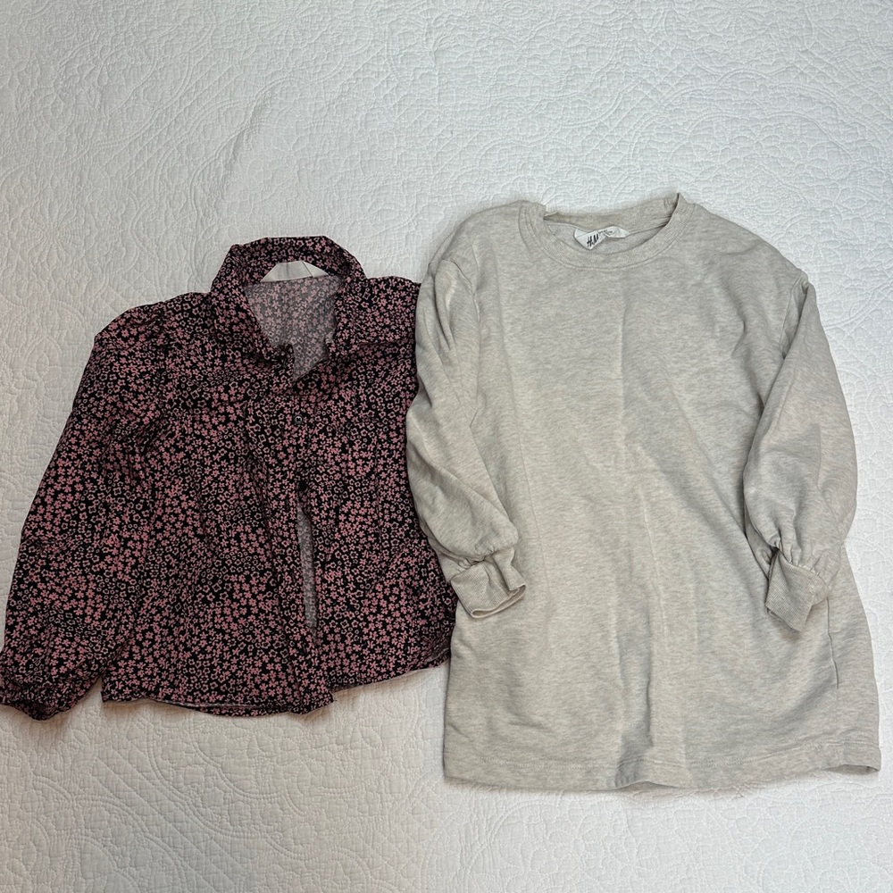H&M Bundle Floral Pink shirt and cream sweatshirt dress Kids Shirt Set sz 8